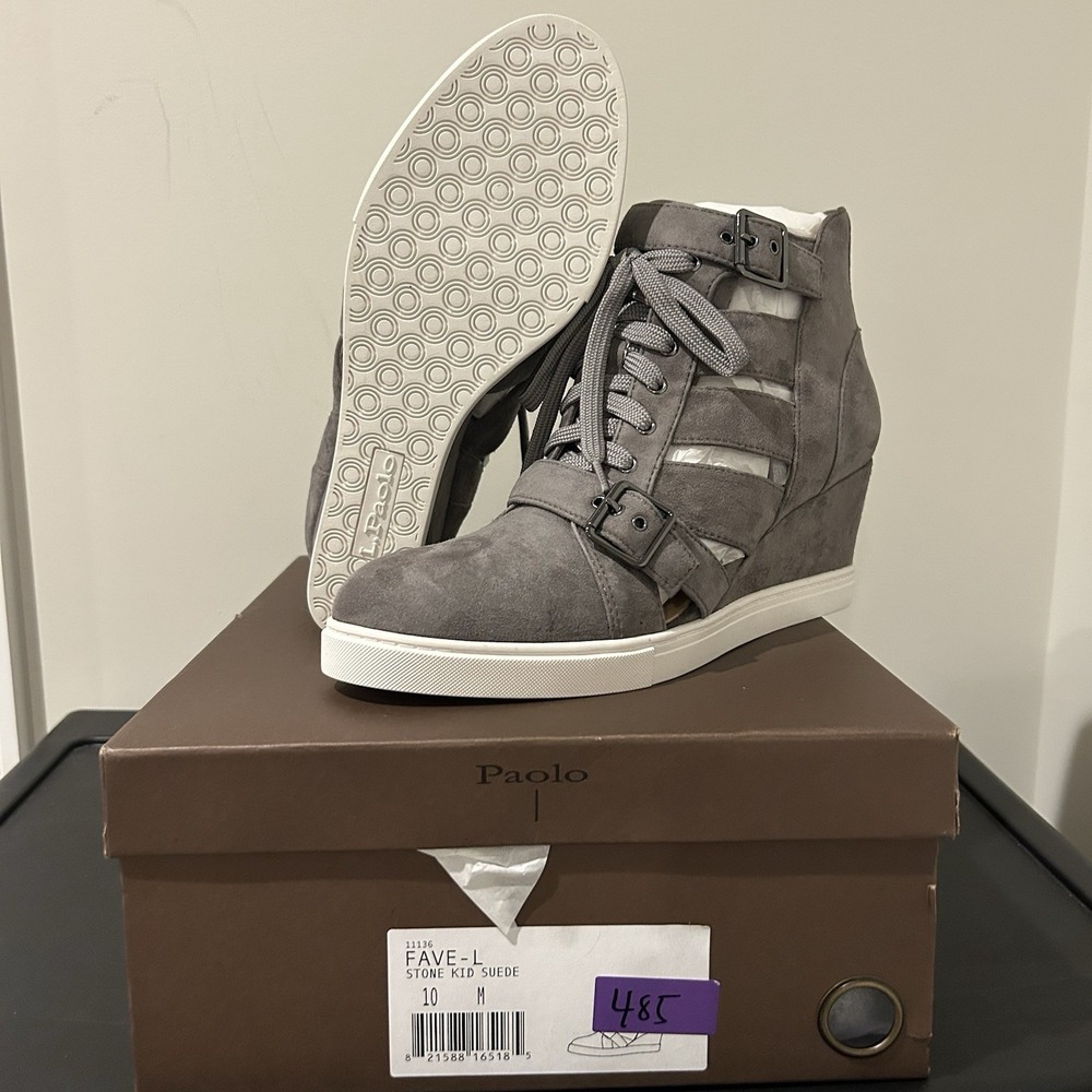 Linea Paolo Fave Cutout Wedge Sneaker Stone Kid Suede Grey Womens Size 10 M NEW